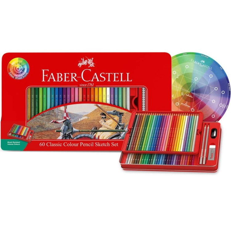 مداد رنگی 60 رنگ فابر کاستل مدل Classic جعبه فلزی کد 115893 بسته 12 عددی