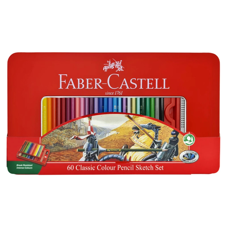 مداد رنگی 60 رنگ فابر کاستل مدل Classic جعبه فلزی کد 115893 بسته 12 عددی